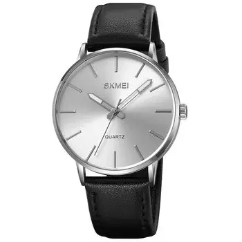 SKMEI Простые черные кожаные часы с ремешком Стильные деловые классические наручные часы Водонепроницаемые аналоговые повседневные тонкие легкие часы Подарочные серебряные мужские часы Мужские