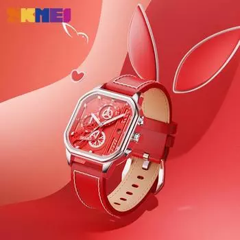 SKMEI женские модные кварцевые часы кожаные элегантный подарок на Новый год водонепроницаемые часы для женщин 7056 красный