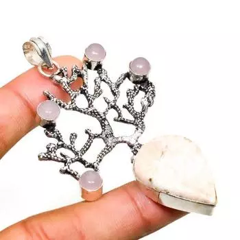 Сколецит, розовый халцедон, драгоценный камень 925, посеребренная ювелирная подвеска 3,03 дюйма 3.03 белый