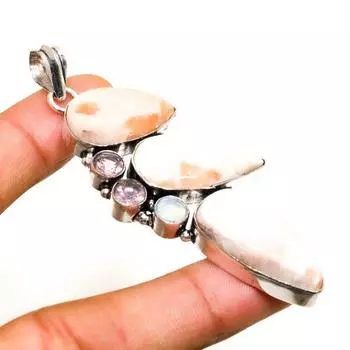 Сколецит, розовый кунцит, драгоценный камень 925, посеребренная ювелирная подвеска 2,84 дюйма 2.84 белый