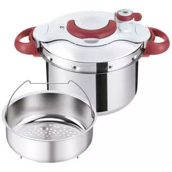 Скороварка Tefal объемом 6 л из нержавеющей стали для 4–6 человек, совместимая с газовым огнем IH, легко открывается и закрывается, гарантия 10 лет «Crypso Minit Easy Ruby Red» P46207