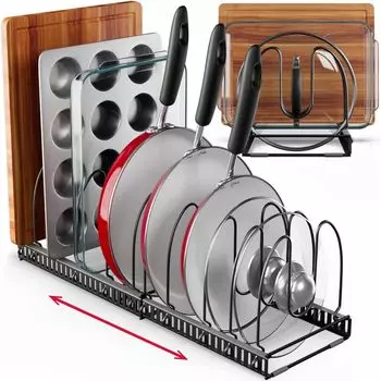 Сковорода 7 Кухонная кастрюля Кастрюля Сковорода Крышка для кастрюли Крышка для кастрюли Разделочная доска Стеллаж для хранения, Телескопический, Разделители, Стойка, Подставка, Хранение, Держатель,