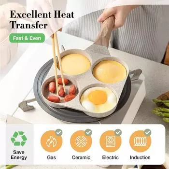 Сковорода для омлета, сковорода для омлета с антипригарным покрытием на 4 чашки - сковорода для блинов и полезная яйцеварка, подходящая для газовой и индукционной плиты белый