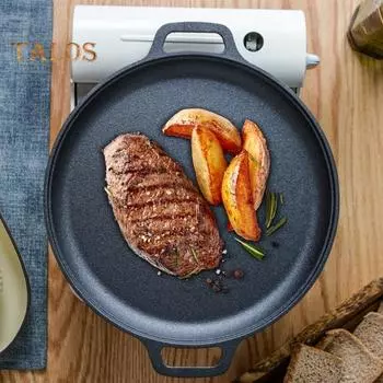 Сковорода для пиццы из стали с антипригарным покрытием, двухручьевой ручкой, встроенным корпусом, утолщенными стенками, равномерным нагревом, плоским дном, универсальной кухонной утварью для дома чёрный