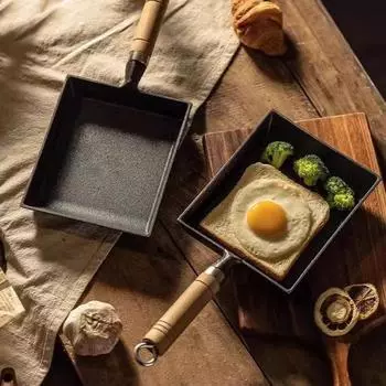 Сковорода для яиц Yousheng с антипригарным покрытием, чугунная сковорода, не допускающая ожогов, с деревянной ручкой, равномерно нагревающаяся сковорода для омлета, для здорового приготовления пищи, кемпинга, пикника чёрный