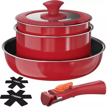 Сковорода FERLORD, газовая съемная сковорода, одинарная, Living Cookware, 7 Diamond, простая в использовании, войлочная прокладка, в комплекте, набор, IH, совместимый, ручка, красный