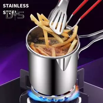 Сковорода-фритюрница темпура с корзиной-ситом из нержавеющей стали для жарки куриных каш и супов серебряный