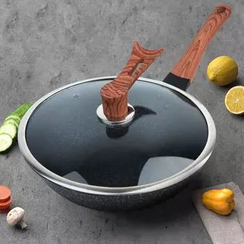 Сковорода из медицинского камня с антипригарным покрытием и плоским дном — с низким дымлением, идеально подходит для домашней кухни 30cm frying pan without lid + wooden spatula