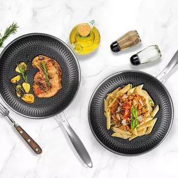 Сковорода с антипригарным покрытием, 11-дюймовая большая сковорода с антипригарным покрытием из нержавеющей стали 304 с сотами и ручкой - безопасные для духовки сковороды для приготовления пищи, сковороды шеф-повара