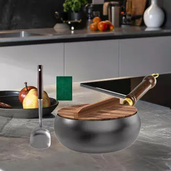 Сковорода Wok Stir Fry 24 см, многоцелевая, прочная, с антипригарным покрытием, легко моется, с деревянной крышкой