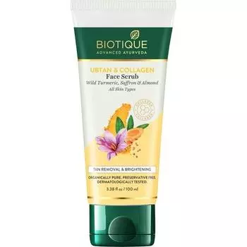 Скраб для лица Biotique Ubtan & Collagen Tan Removal для более светлой, ровной и сияющей кожи с куркумой, шафраном и миндалем | Для мужчин и женщин - 100 г