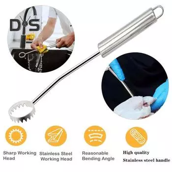 Скребок для легких Пищевая нержавеющая сталь с длинной ручкой Острая зигзагообразная головка Удаление легких птицы Инструмент для удаления куриных легких Оборудование для обработки курицы серебряный