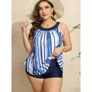 Скромный комплект танкини больших размеров, женский топ в полоску с круглым вырезом и шорты, купальник размера плюс, комплект из двух предметов 1XL(14) темно-синий