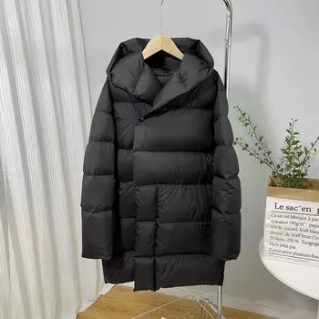 Скрытая пуговица на талии из белого утиного пуха, легкая женская зимняя куртка 2024 года, осенне-зимнее среднее и длинное утолщенное модное пальто S чёрный