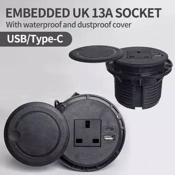 Скрытая розетка для офисного стола Многофункциональная розетка UK с USB Type-C, утопленная круглая розетка для рабочего стола 220V&UK