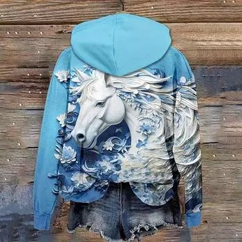 Скульптура лошади Дизайнерская женская толстовка без карманов Осень/Зима Модная уличная одежда Y2K Повседневные свободные женские толстовки S