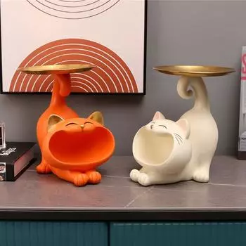 Скульптура мультяшного кота из смолы с металлическим подносом, поднос для хранения фигурок животных, поднос для ключей, поднос для хранения всякой всячины для домашнего декора, подарок оранжевый