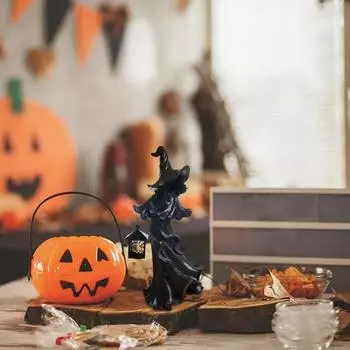 Скульптура ведьмы на Хэллоуин с орнаментом в виде фонаря, фигурка из смолы в виде призрака, украшение на Хэллоуин чёрный