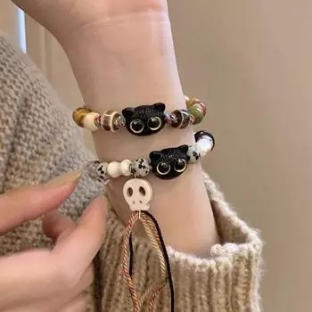 Skull Cat Handmade Bead Bracelet Colorful String Cartoon Hand Ring Unique Black Cat Bracelet Women Style B