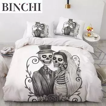 Skull Couple King Queen Duvet Cover Skeleton Bride Bedding Set for Kids Teens Adults Halloween White 23pcs Soft Quilt Cover 70x133cm 2pcs