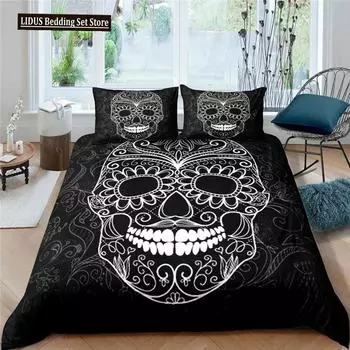 Skull Duvet Cover Queen Size Microfiber Vintage Sugar Skull Girl Day Of The Dead Bride With Dark Color Roses Graphic Bedding Set 70x133cm 2pcs