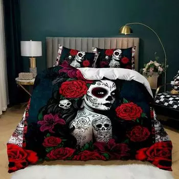 Skull Duvet Cover Red Rose Skeleton Queen Floral Skeleton Traditional Mexican Halloween Double Queen King 70x133cm 2pcs