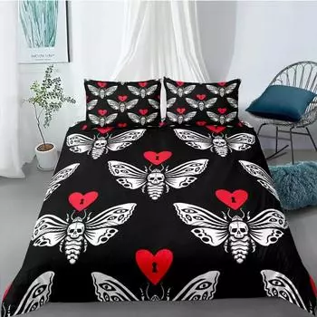 Skull Duvet Cover Set Gothic Death Moth Skull Love Heart Bedding Set For Boy Teen Microfiber Moth Skeleton King Size Quilt Cover 70x133cm 2pcs