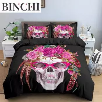 Комплект постельного белья с черепом размера King Queen, готические розы и кости черепа, комплект постельного белья из микрофибры, ужас, скелет, покрывало EU single(135x200cm)
