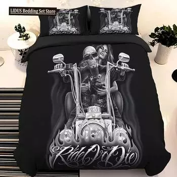 Skull Duvet Cover Set King, Skull Beauty Printed Duvet Cover Set Ride Or Die Motor Bedding Set,Corner Tipes Gothic Skull Bedding 70x133cm 2pcs