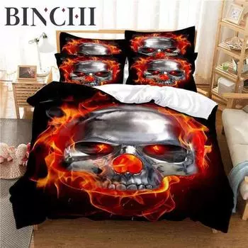 Skull Duvet Cover Set Twin Size Microfiber Orange Fire Skull Bedding Set Kids Boys 3D Skull Design Soft Comfortable Quilt Cover 70x133cm 2pcs