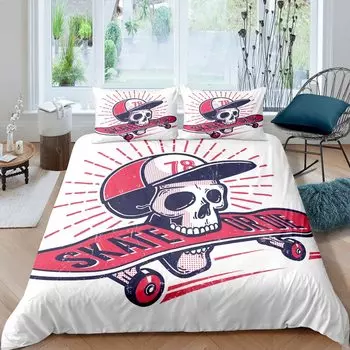 Skull Duvet Cover Skateboard Human Skull with Skateboard Print for Kids Boys Teens Room Decor Extreme Sport Theme Quilt Cover 70x133cm 2pcs