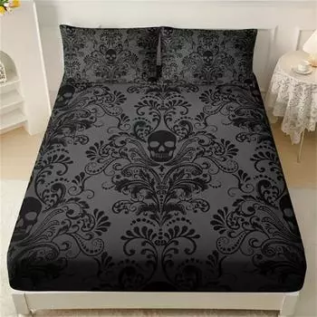 Skull Floral Design 3-Piece Bed Sheet Set - 100% Polyester, Digital Print, Breathable All-Season Fitted Sheet And Pillowcase Set 90x200cmx25