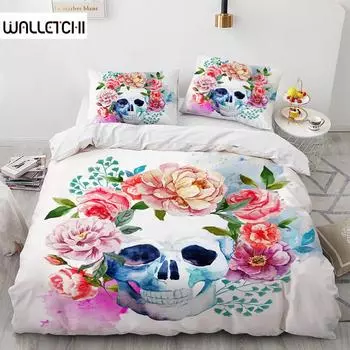 Skull Flowers Pattern Duvet Cover Set Halloween Gift Polyester Bedding Set King Queen Full Size Comforter Cover With Pillowcase EU single(135x200cm)