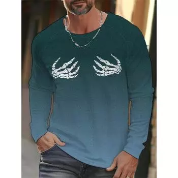 Skull Hand Printed Pullover Autumn and Winter Men s Casual Long Sleeve Round Neck Sweatshirt Gradient Color Men s Clothing S