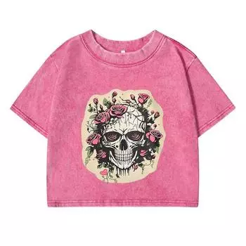 Skull Head With Flowers Printing Women Wash Short Tshirt Breathable Soft Tee Tops Fashion Casual T-Shirt Distress Clothes M