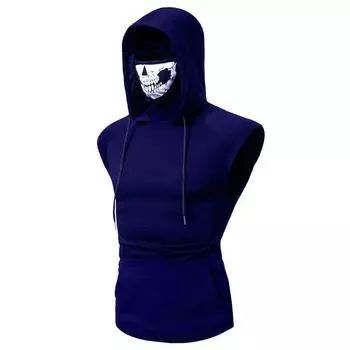 Skull Men Hooded Hoodies T Shirt Tank Tops Pullover Vest Sports Slim Fit W Mask Sleeveless - Blue,XL