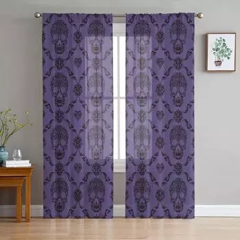 Skull Purple Sheer Curtains for Living Room Decoration Window Curtains for Kitchen Tulle Voile Organza Curtains W135 x H115cm x1