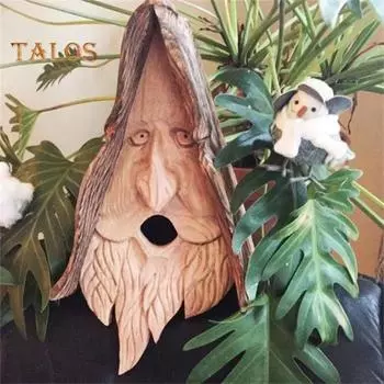 Скворечник Happy Spirit Синтетическая смола Человеческое лицо Птичье гнездо Ручная резьба Древнее дерево Фея коричневый