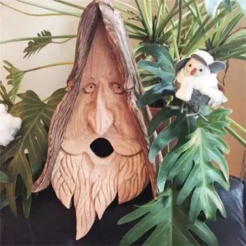 Скворечник Happy Spirit Синтетическая смола Человеческое лицо Птичье гнездо Ручная резьба Древнее дерево Фея Скворечник коричневый