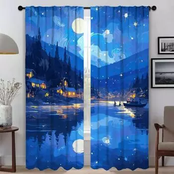 Sky and Ocean Elegant Room Curtains 2 Pieces Tulle for Bedroom Shades Halloween Decoration Living Room Curtain Partition Kitchen W50xH70cmx2pcs-CL