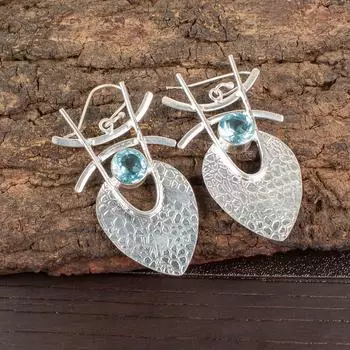 Sky Blue Topaz Gemstone 925 Sterling Silver Jewelry Handmade Hook Earrings 1.78 EE-64-4