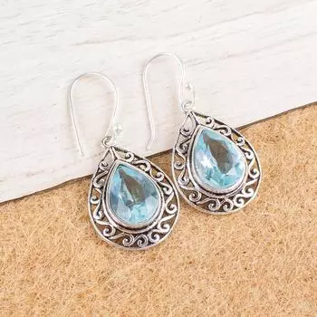 Sky Blue Topaz Gemstone 925 Sterling Silver Jewelry Handcrafted Earrings 1.72 CE-4-3