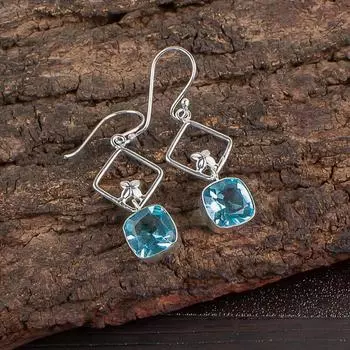 Sky Blue Topaz Gemstone 925 Sterling Silver Jewelry Handmade Hook Earrings 1.70 EE-10-5