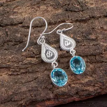 Sky Blue Topaz Gemstone 925 Sterling Silver Handmade Drop/Dangle Earrings 1.70 EE-8-3