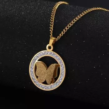 Skyrim Butterfly Clear Zircon Круглое ожерелье с подвеской для женщин из нержавеющей стали золотого цвета Ключичная цепочка Kpop Свадебные украшения Подарок