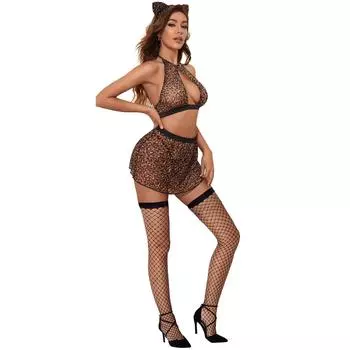 SL леопардовый принт трехточечный кот женская одежда, эротическое нижнее белье, униформа косплей ролевые игры перспективная одежда S