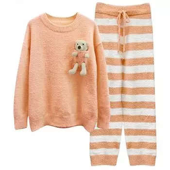 Слабое старение темперамент сладкий мягкий пижама женская осень и зима полосатая кукла медведь домашняя одежда. Можно носить на открытом воздухе One Size оранжевый