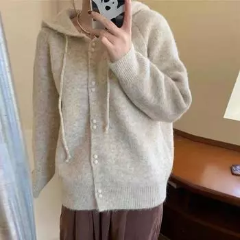 Слабый ветер с капюшоном цветочный свитер куртка женская осень и зима новый корейский свободный мягкий вощеный трикотажный кардиган ленивый топ One Size