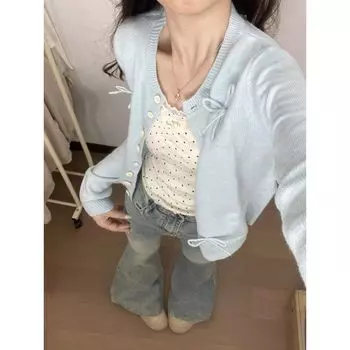 Сладкая Девочка Мягкий Клейкий Синий Свитер Верхняя Одежда Вязаный Кардиган Blue S [Suggested 37.50 kg-45.00 kg]]