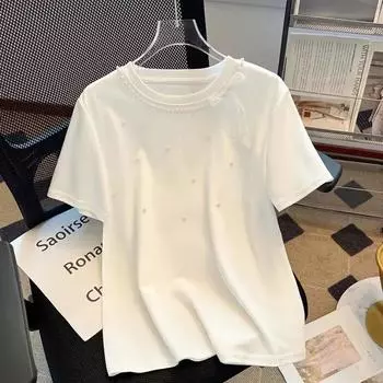 Сладкая футболка с бантом из бусин с коротким рукавом для женщин на лето в корейском стиле, универсальный топ XXXL белый